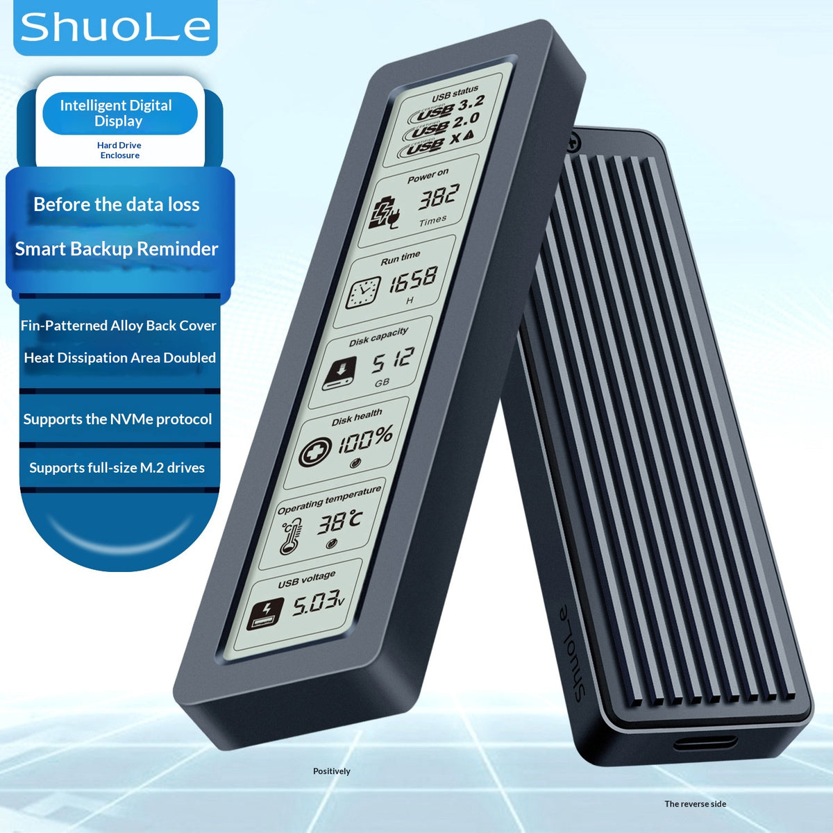 SHUOLE SL-TP26-P M.2 NVMe SSD-kabinett med smart skärm USB3.2 Gen2 10 Gbps hårddiskfodral för 2230/2242/2260/2280