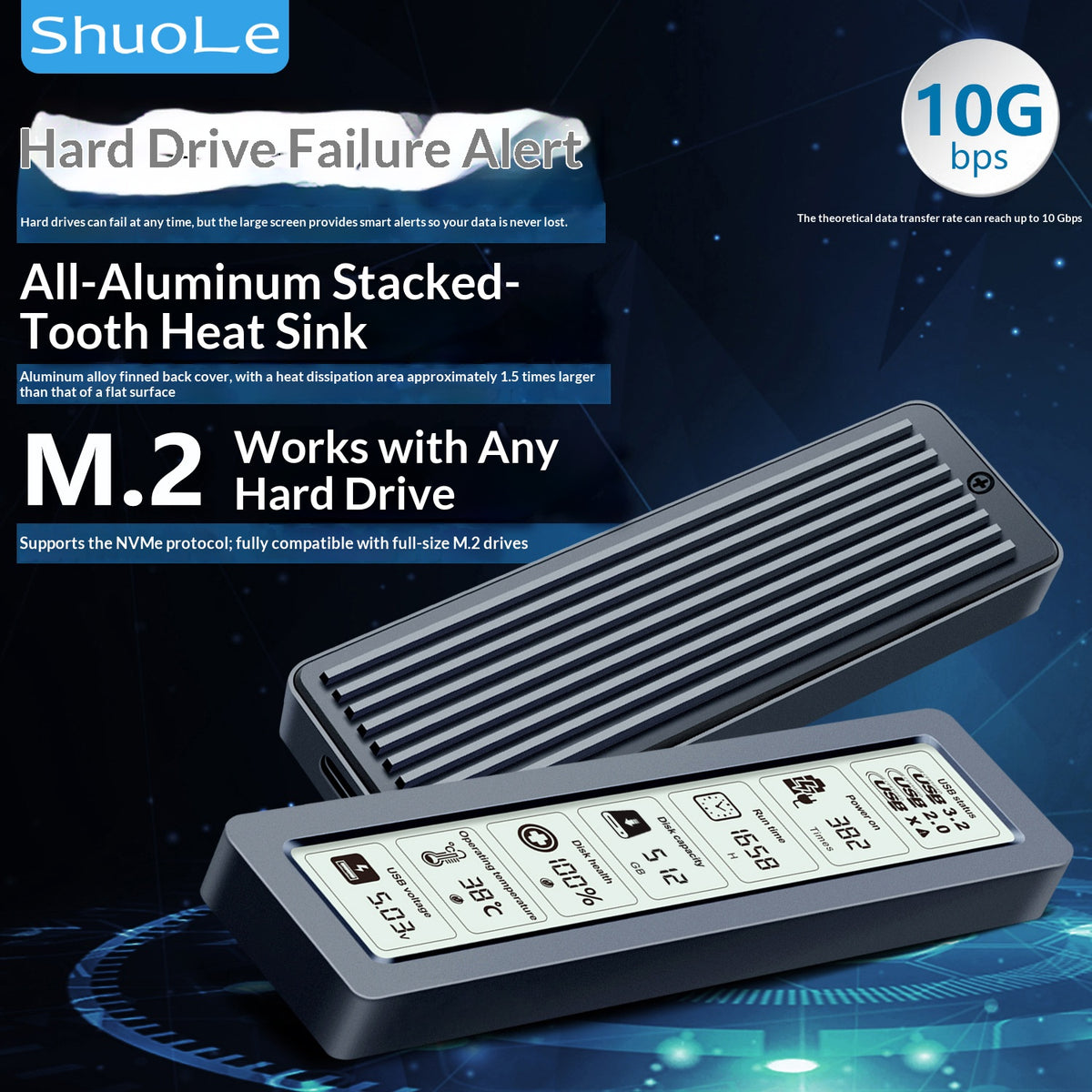 SHUOLE SL-TP26-P M.2 NVMe SSD-kabinett med smart skärm USB3.2 Gen2 10 Gbps hårddiskfodral för 2230/2242/2260/2280