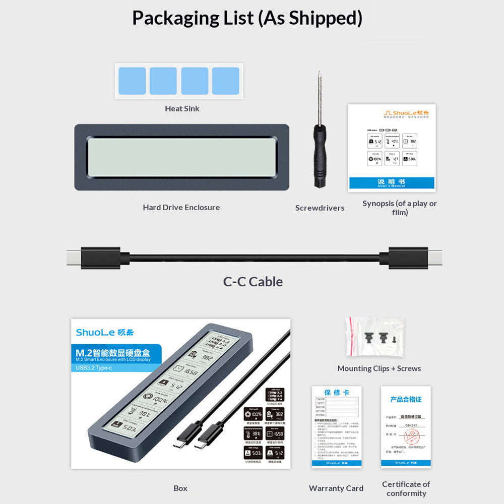 SHUOLE SL-TP26-P M.2 NVMe SSD-kabinett med smart skärm USB3.2 Gen2 10 Gbps hårddiskfodral för 2230/2242/2260/2280