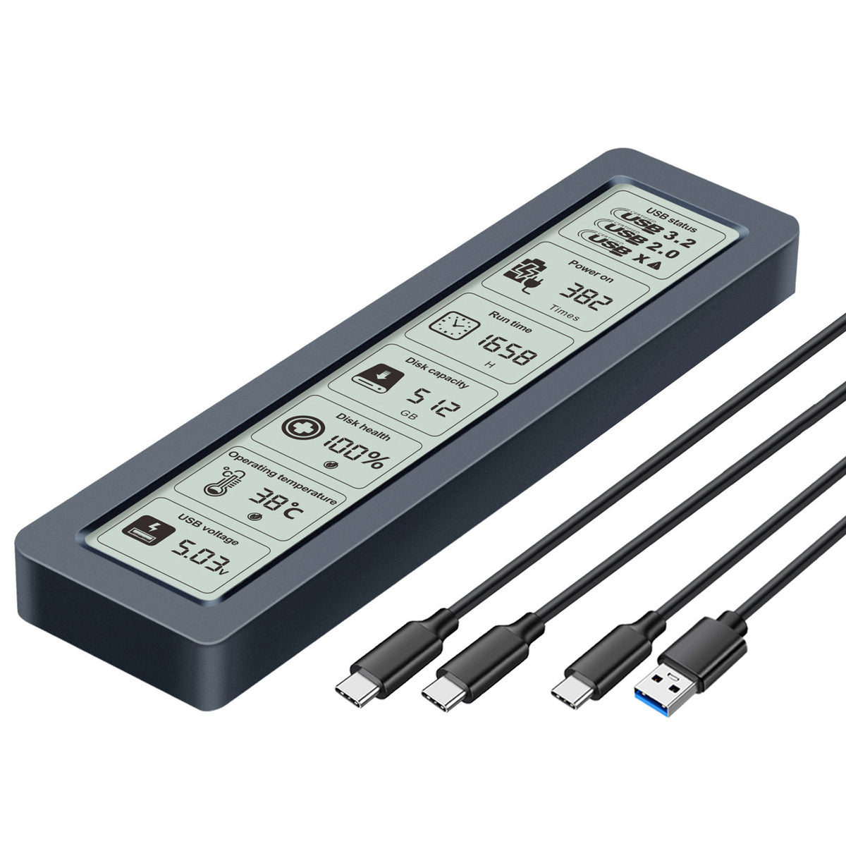 SHUOLE SL-TNP26-P M.2 SSD-kabinet Smart Digitalt Display Eksternt Harddisk-kabinet USB3.2 Gen2 10Gbps til NVMe SATA Dual-protokol
