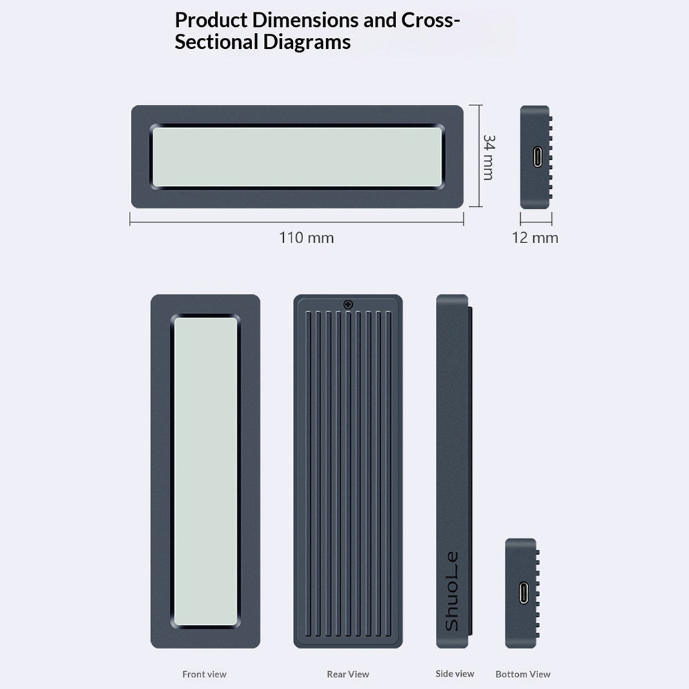 SHUOLE SL-TNP26-P M.2 SSD-kabinet Smart Digitalt Display Eksternt Harddisk-kabinet USB3.2 Gen2 10Gbps til NVMe SATA Dual-protokol