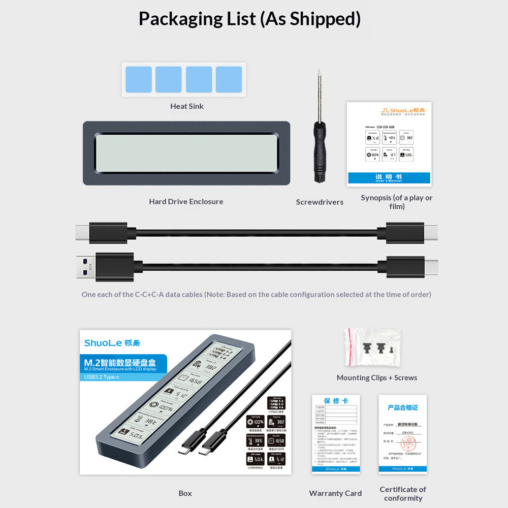 SHUOLE SL-TNP26-P M.2 SSD-kabinet Smart Digitalt Display Eksternt Harddisk-kabinet USB3.2 Gen2 10Gbps til NVMe SATA Dual-protokol