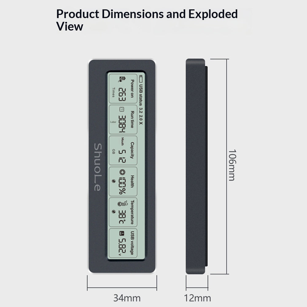 SHUOLE SL-TNP18-P 20 Gbps M.2 NVMe SATA Dobbeltprotokol Eksternt Harddisk-kabinet med LCD-skærm USB3.2 Gen2x2 Type-C til macOS Windows Linux Android