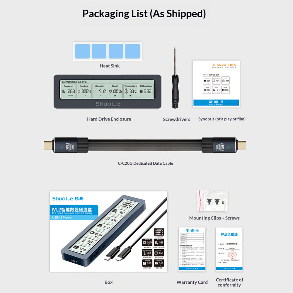 SHUOLE SL-TNP18-P 20 Gbps M.2 NVMe SATA Dobbeltprotokol Eksternt Harddisk-kabinet med LCD-skærm USB3.2 Gen2x2 Type-C til macOS Windows Linux Android