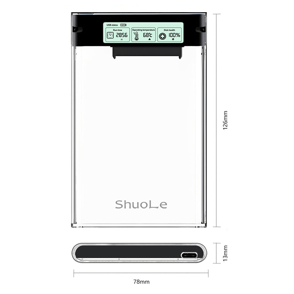 SHUOLE SL-U25TY31-P-B 2.5 inch External Hard Drive Enclosure with Smart Display USB3.2 5Gbps Type-C Mobile Storage Case for Desktop Laptop