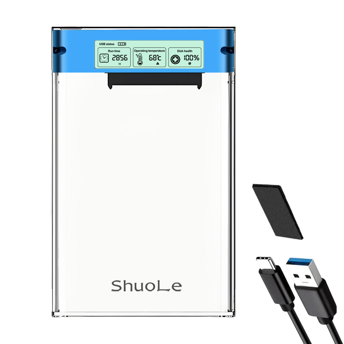 SHUOLE SL-U25TY31-P-B 2.5 inch External Hard Drive Enclosure with Smart Display USB3.2 5Gbps Type-C Mobile Storage Case for Desktop Laptop