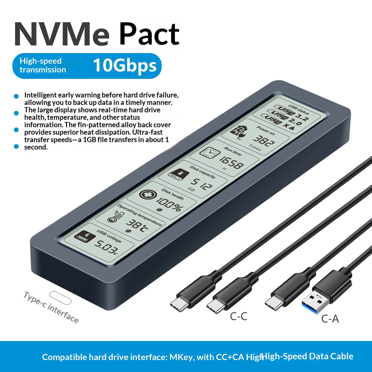 SHUOLE SL-TP26-P M.2 NVMe SSD Enclosure with Smart LED Display USB 3.2 Gen2 10Gbps External Hard Drive Case for PC Phone TV Gaming Console