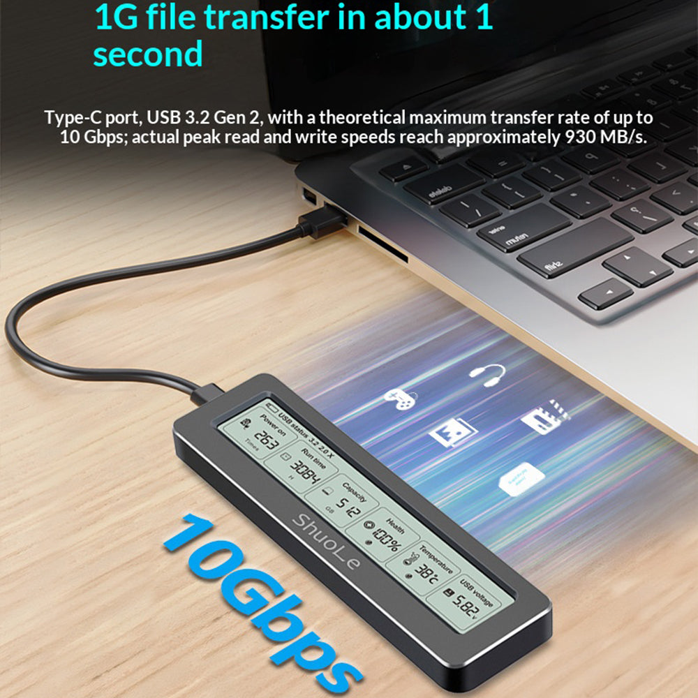 SHUOLE SL-TNP18-P M2 NVMe SATA SSD Enclosure 10Gbps USB3.2 Gen2 with LCD Display Aluminum Alloy Hard Drive Case for Mobile / PC / TV