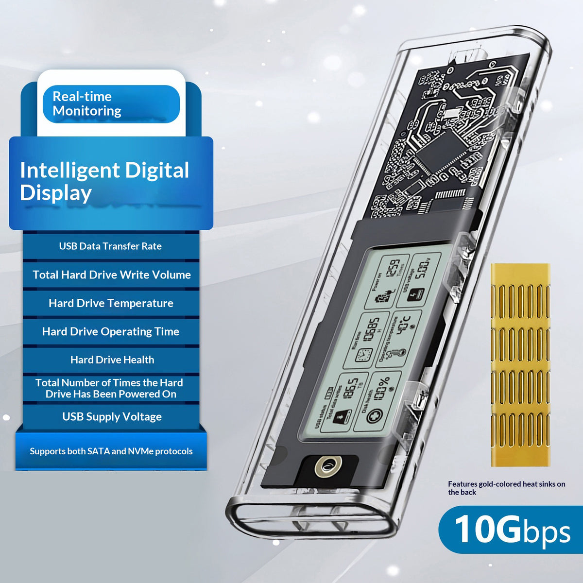 SHUOLE SL-TNP10-P M2 Gen2 Harddisk Kabinet 10Gbps USB3.2 NVMe / SATA Type-C Eksternt SSD-kabinet med Smart Display til Mobil / Tablet