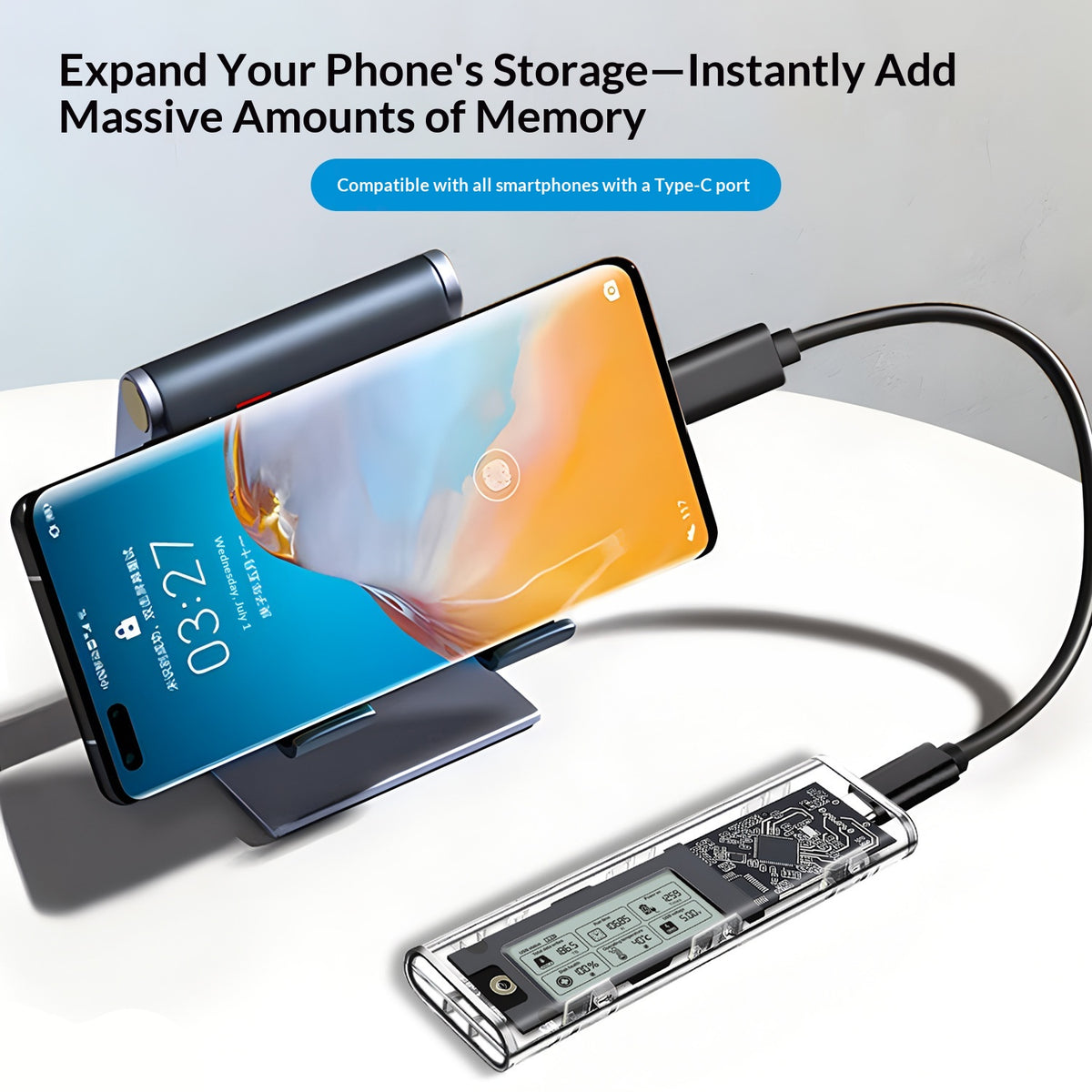 SHUOLE SL-TNP10-P M2 Gen2 Harddisk Kabinet 10Gbps USB3.2 NVMe / SATA Type-C Eksternt SSD-kabinet med Smart Display til Mobil / Tablet