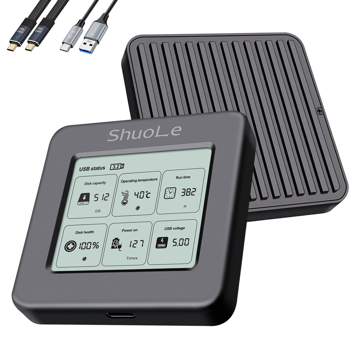 SHUOLE SL-TP19-P M.2 NVMe Enclosure with Smart LCD Display USB 3.2 Gen2 Type-C Hard Drive Case for Laptop Desktop Phone
