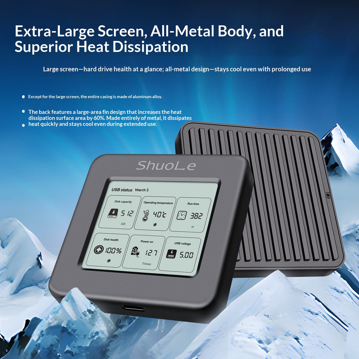 SHUOLE SL-TP19-P M.2 NVMe Enclosure with Smart LCD Display USB 3.2 Gen2 Type-C Hard Drive Case for Laptop Desktop Phone