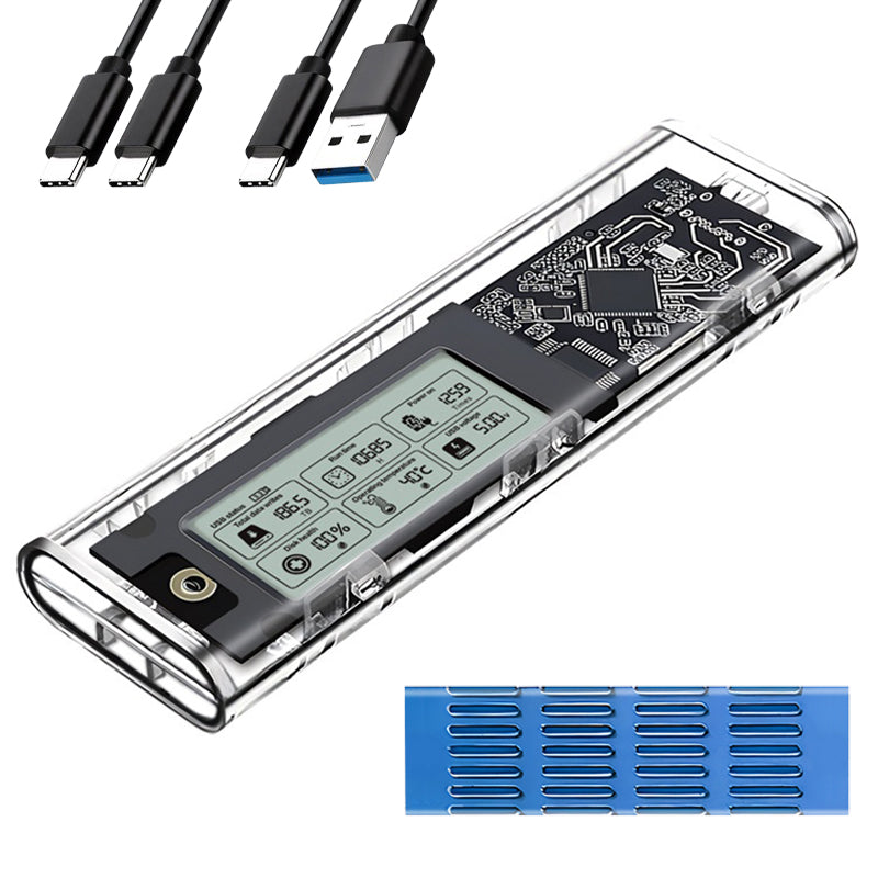 SHUOLE SL-TP10-P M.2 NVMe SSD Enclosure with Smart Digital Display USB 3.2 Gen2 Type-C Hard Drive Case with Dual Cables