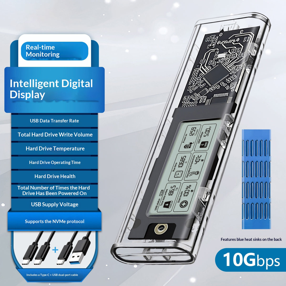 SHUOLE SL-TP10-P M.2 NVMe SSD Enclosure with Smart Digital Display USB 3.2 Gen2 Type-C Hard Drive Case with Dual Cables