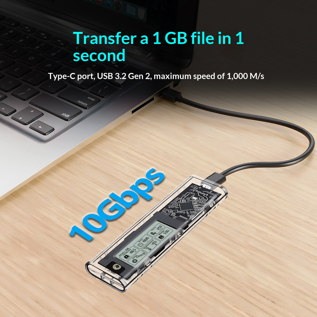 SHUOLE SL-TP10-P M.2 NVMe SSD Enclosure with Smart Digital Display USB 3.2 Gen2 Type-C Hard Drive Case with Dual Cables