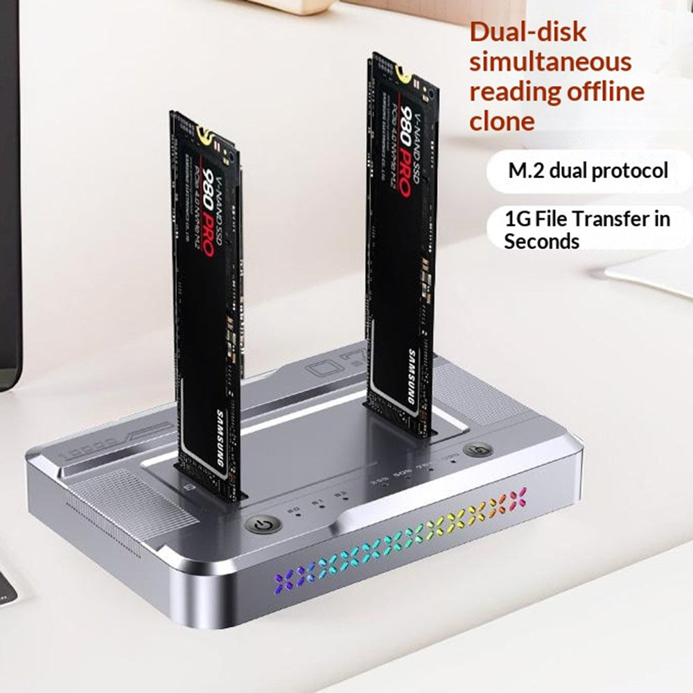 Dobbelt M.2 SSD kloningsdock, 20 Gbps NVMe til NVMe offline kloning, One-Key Copy Type-C 3.2 kabinet, Dobbelt drev læsning