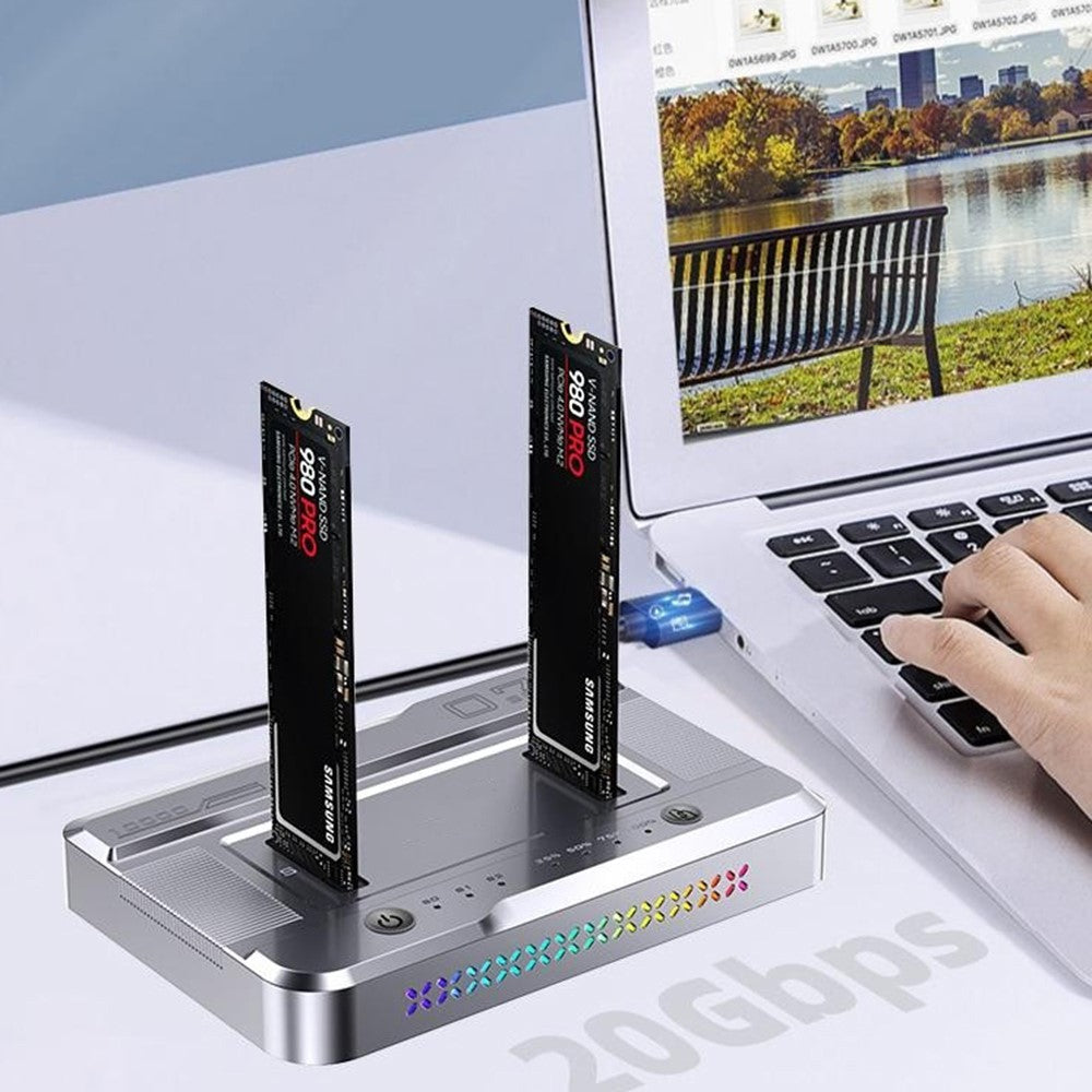 Dobbelt M.2 SSD kloningsdock, 20 Gbps NVMe til NVMe offline kloning, One-Key Copy Type-C 3.2 kabinet, Dobbelt drev læsning