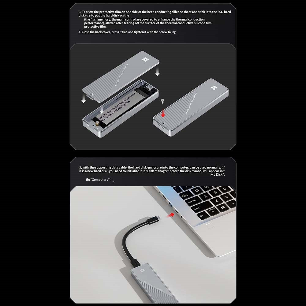 THERMALRIGHT HR-EB105 AC M.2 NVMe SSD Enclosure with USB-A to USB-C Cable Aluminum USB3.2 Gen2 Type-C Cable 10Gbps External Hard Drive Case