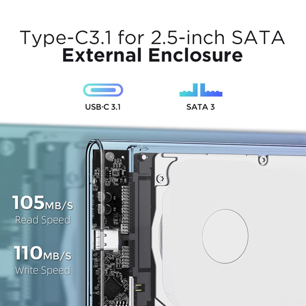 EAGET E11 2.5 Inch SATA External SSD & HDD Enclosure USB-C 3.1 Tool-Free Clear Hard Drive Case