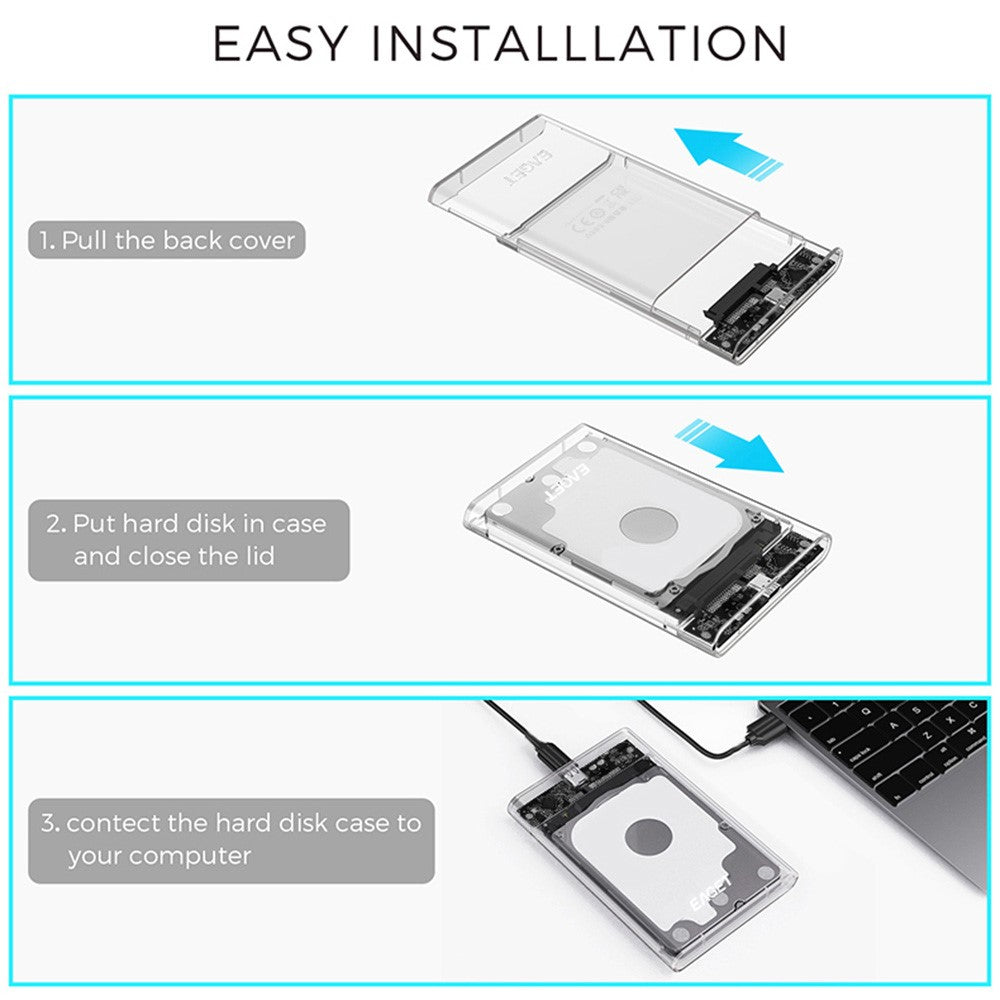 EAGET E11 2.5 Inch SATA External SSD & HDD Enclosure USB-C 3.1 Tool-Free Clear Hard Drive Case