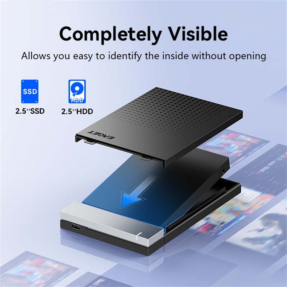 EAGET E51 2.5 Inch External Hard Drive Enclosure Type-C to USB-A Cable Tool-Free 5Gbps SSD & HDD Hard Drive Case