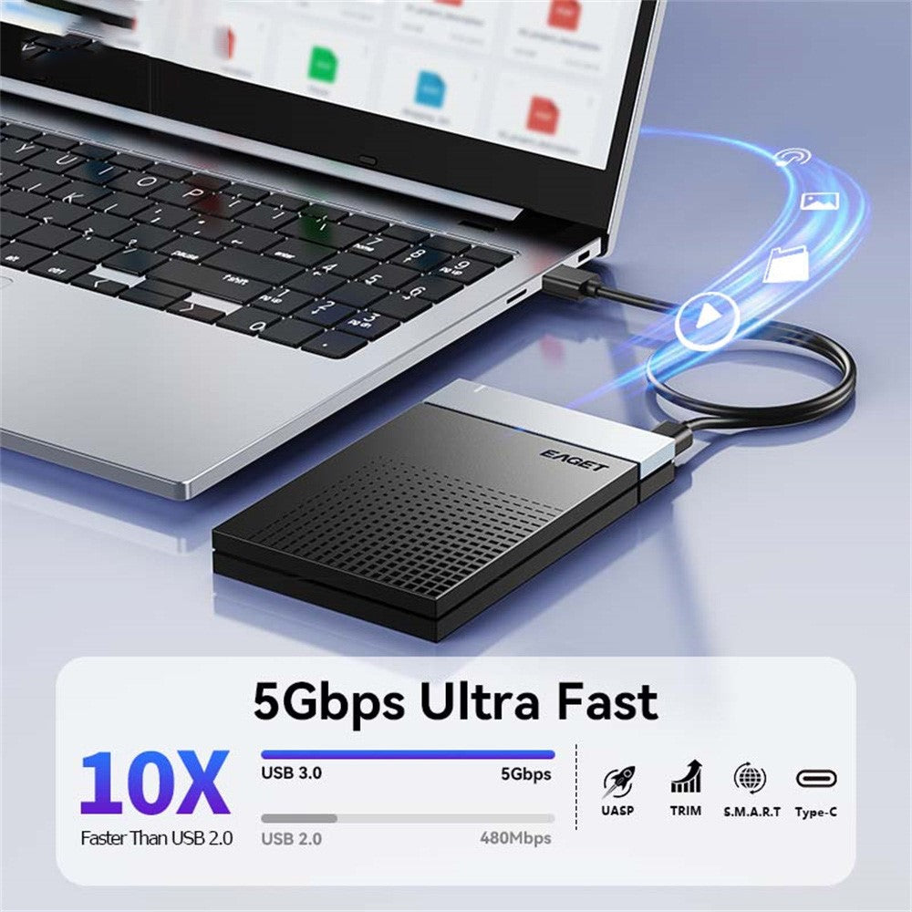 EAGET E51 2.5 Inch External Hard Drive Enclosure Type-C to USB-A Cable Tool-Free 5Gbps SSD & HDD Hard Drive Case