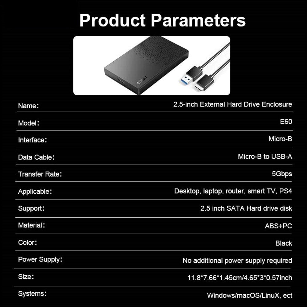 EAGET E60 2.5 Inch External Hard Drive Enclosure 6TB Micro-B to USB-A Cable 5Gbps Portable Hard Drive Case for SSD HDD