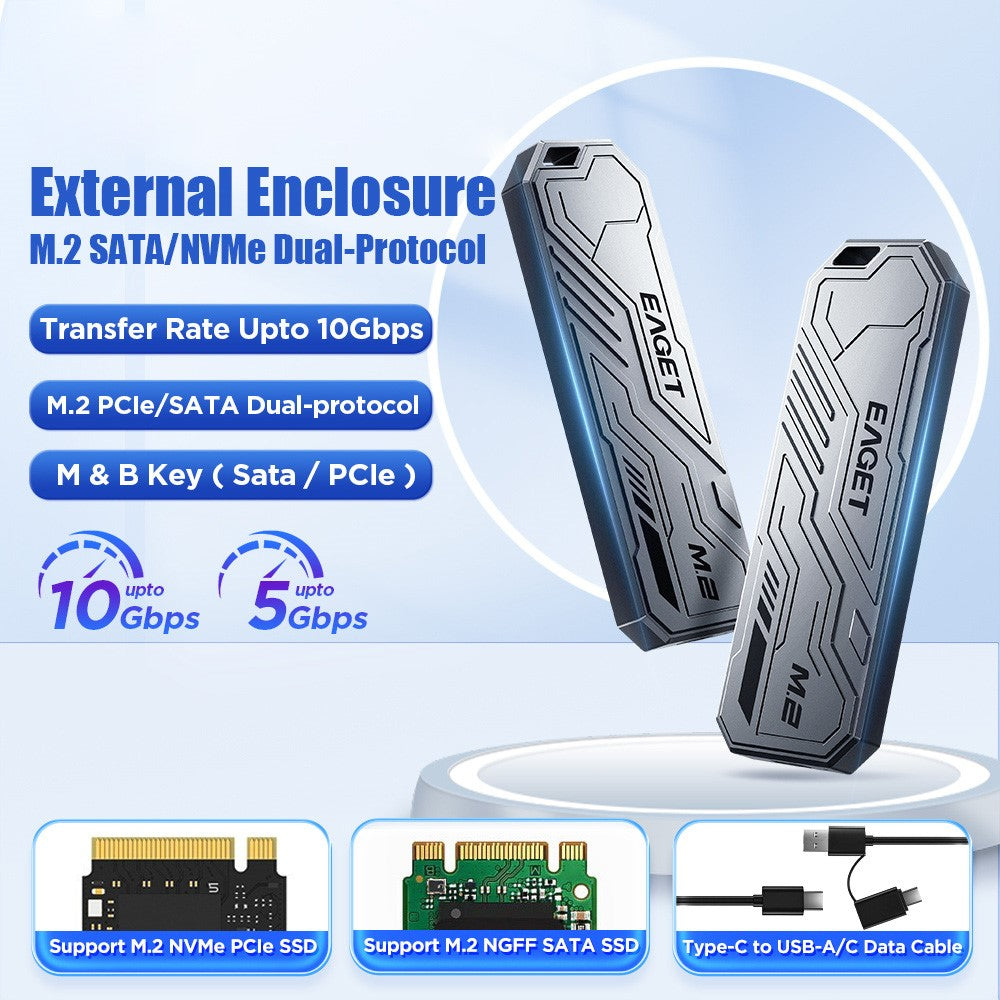 EAGET SE910D M.2 NVMe SATA ekstern kabinet USB3.2 10Gbps harddiskkabinet i aluminiumslegering til 2230 / 2242 / 2280