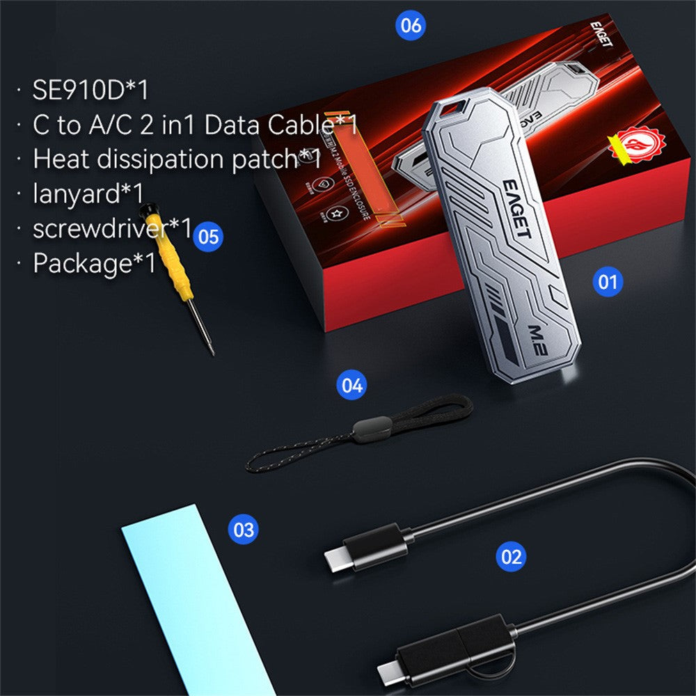 EAGET SE910D M.2 NVMe SATA ekstern kabinet USB3.2 10Gbps harddiskkabinet i aluminiumslegering til 2230 / 2242 / 2280