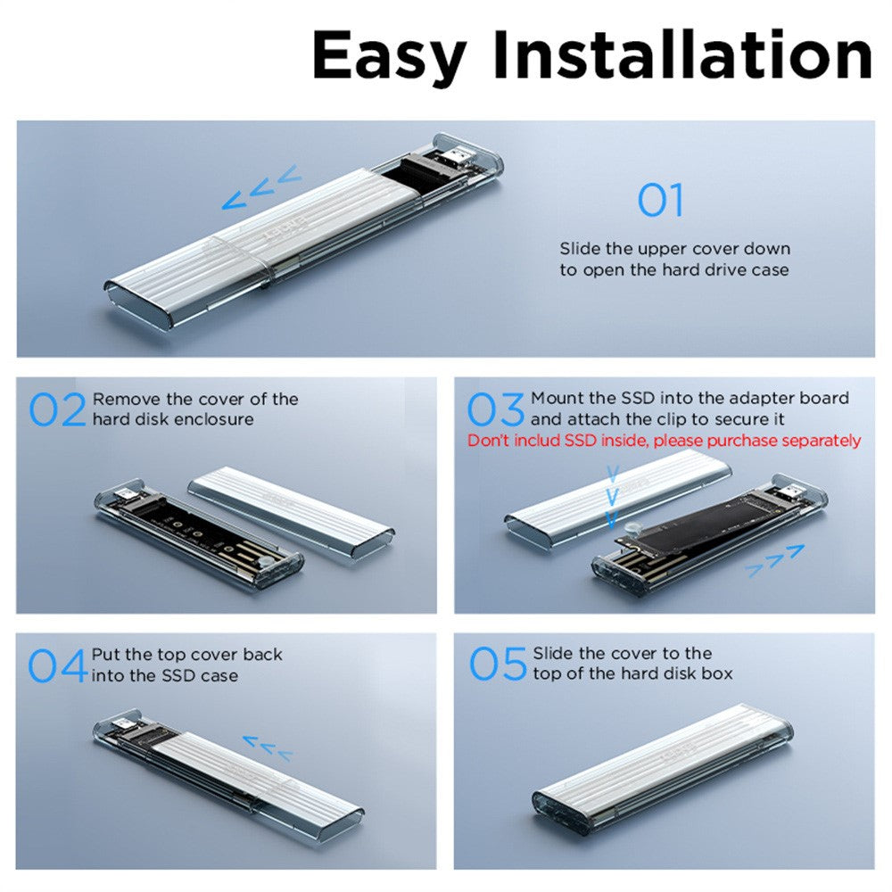 EAGET SE150D M.2 NVMe SATA Enclosure 10Gbps Type-C 3.2 Tool-free Installation Transparent External SSD Hard Drive Case