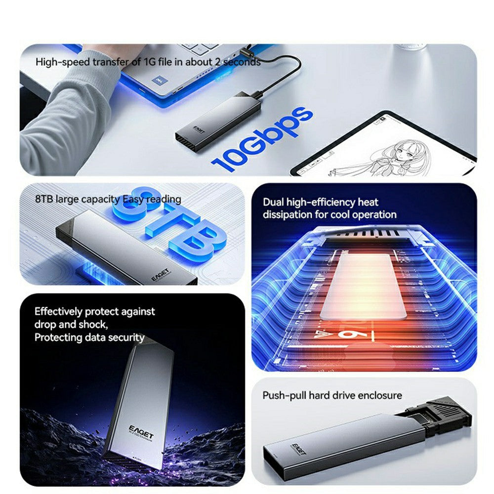 EAGET SE630D M.2 NVMe SATA Dual Protocol SSD Kabinet Understøtter maks. 8TB 10Gbps Type-C Eksternt SSD Kabinet
