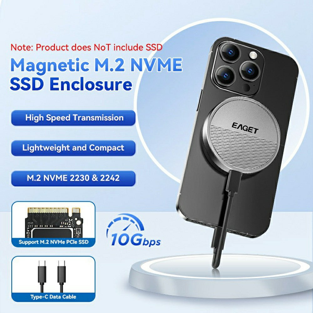 EAGET SE880 M.2 NVMe Magnetisk SSD-kabinet, aluminiumlegering, 10 Gbps Type-C Eksternt SSD-kabinet