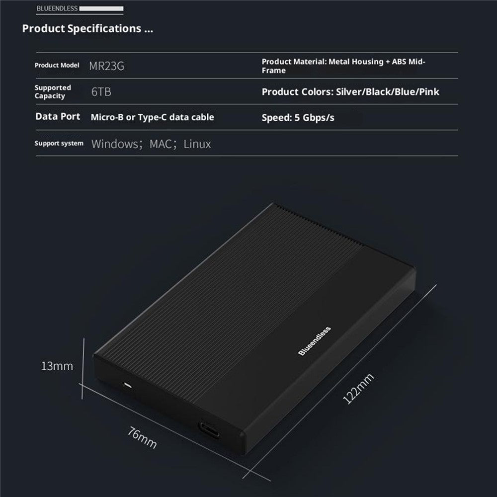 BLUEENDLESS MR23G 2.5 Inch SATA Hard Drive Enclosure USB 3.0 Type-C External HDD SSD Case for Laptop PC TV PS4 Router