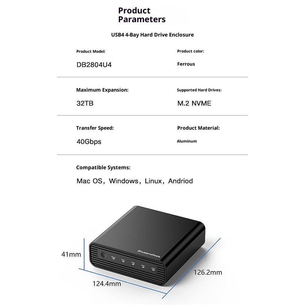 BLUEENDLESS DB2804U4 4-Bay M.2 NVMe SSD Enclosure USB4 40Gbps 32TB Capacity Aluminum RAID Support