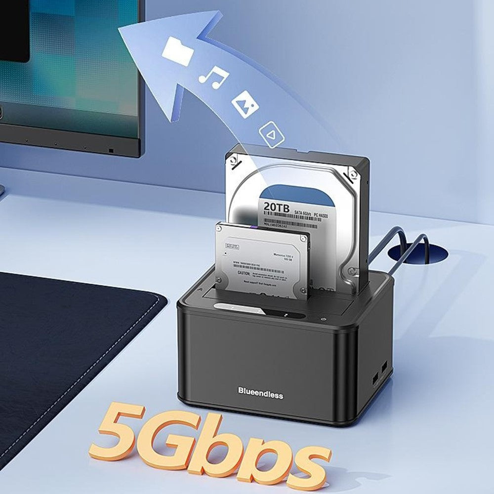 BLUEENDLESS HD07S Dual-Bay Hard Drive Dock 2.5 / 3.5 Inch SATA / SAS HDD / SSD 10Gbps USB3.2 12V / 4A 40TB Capacity
