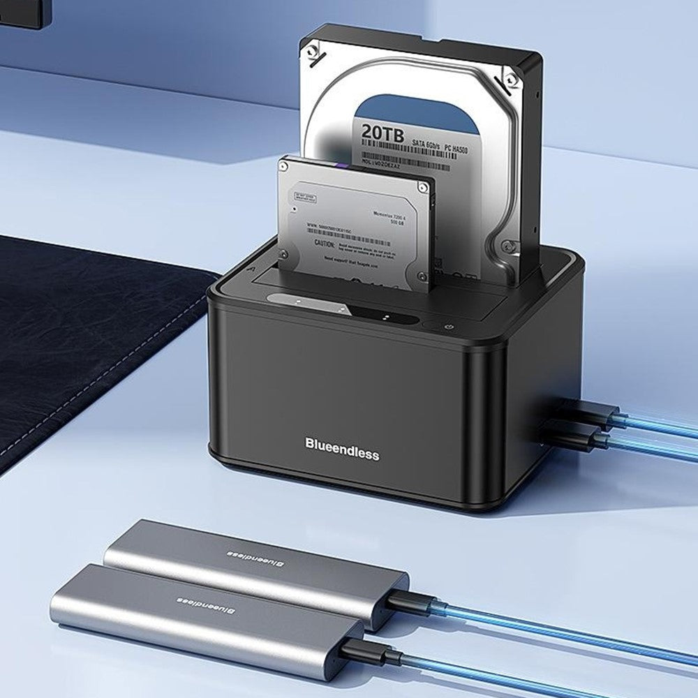 BLUEENDLESS HD07S Dual-Bay Hard Drive Dock 2.5 / 3.5 Inch SATA / SAS HDD / SSD 10Gbps USB3.2 12V / 4A 40TB Capacity