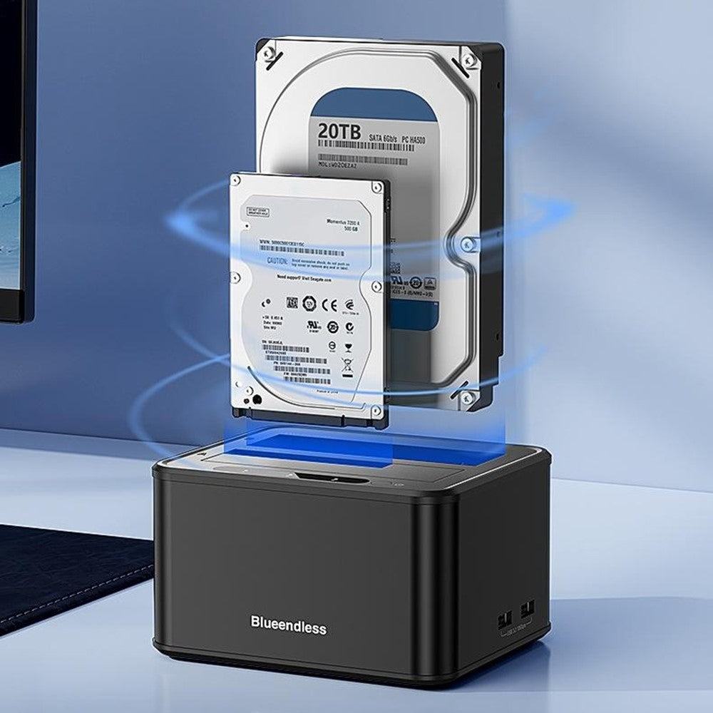 BLUEENDLESS HD07S Dual-Bay Hard Drive Dock 2.5 / 3.5 Inch SATA / SAS HDD / SSD 10Gbps USB3.2 12V / 4A 40TB Capacity