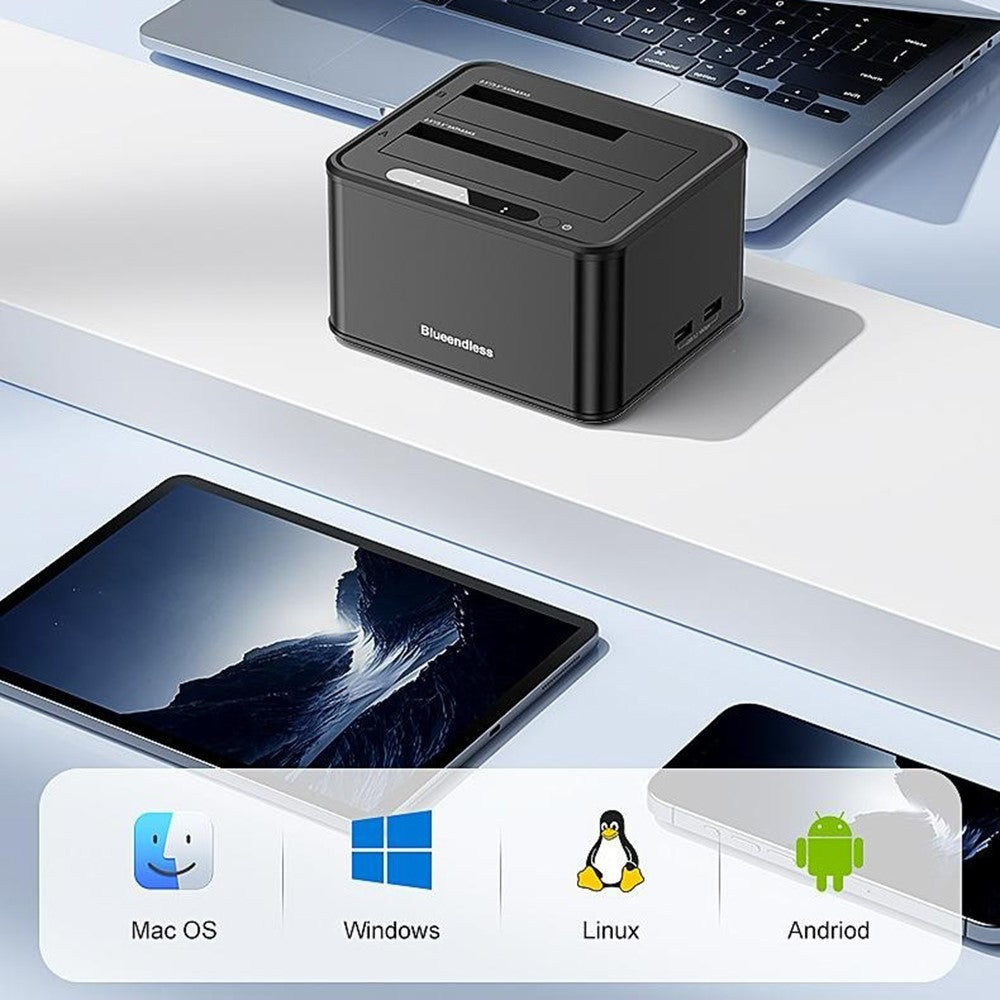 BLUEENDLESS HD07S Dual-Bay Hard Drive Dock 2.5 / 3.5 Inch SATA / SAS HDD / SSD 10Gbps USB3.2 12V / 4A 40TB Capacity