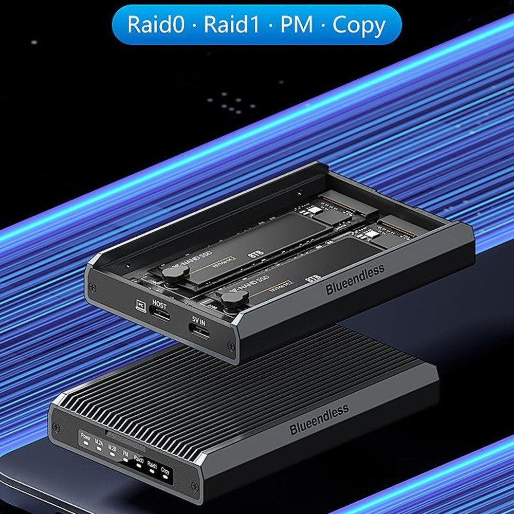 BLUEENDLESS DB280A3 Dual-Bay M.2 NVMe / SATA RAID Enclosure 20Gbps Hardware RAID Offline Clone for Laptop Phone Tablet
