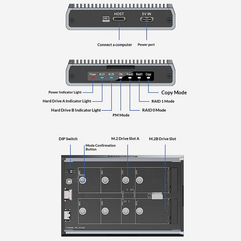 BLUEENDLESS DB280A3 Dual-Bay M.2 NVMe / SATA RAID Enclosure 20Gbps Hardware RAID Offline Clone for Laptop Phone Tablet