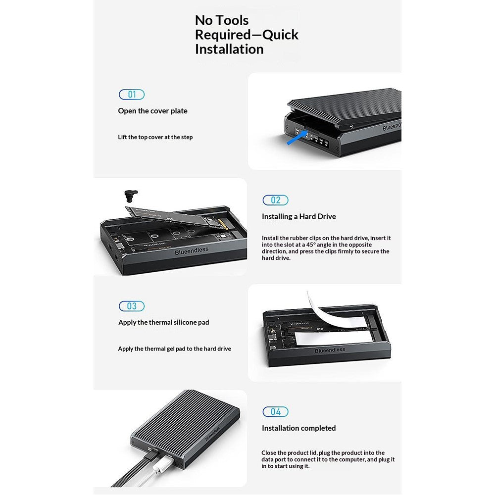 BLUEENDLESS Dobbelt Bay M.2 NVMe Kabinet 10Gbps USB3.2 Gen1 Ekstern SSD Kabinet til Telefon Tablet Spillekonsol