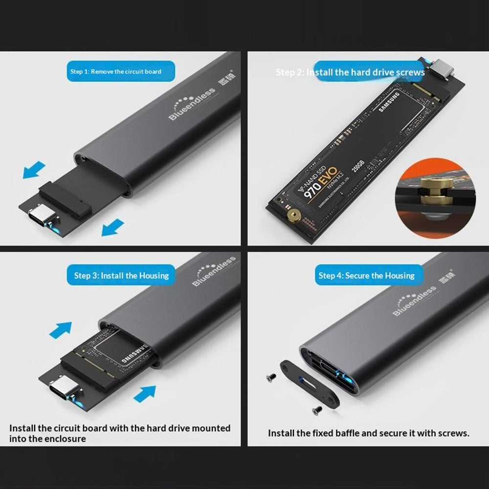 BLUEENDLESS D2802N M.2 NVMe SSD-kabinet JMS583-controller 10 Gbps USB 3.1 Gen2 Type-C ekstern harddiskboks