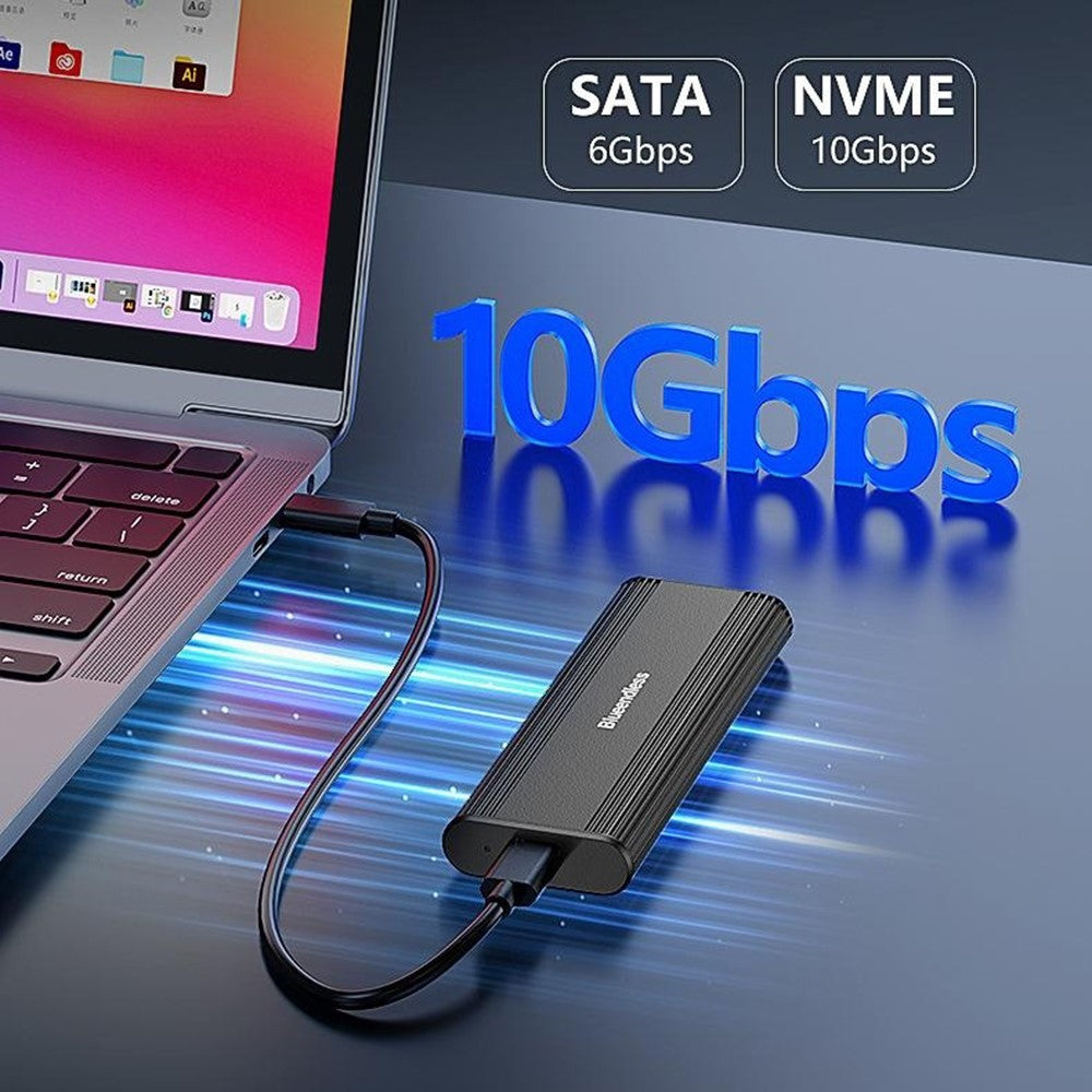 BLUEENDLESS DM2821SN M.2 SSD Enclosure Dual Protocol NVMe SATA USB 3.2 Gen2 10Gbps Passive Cooling External Hard Drive Case