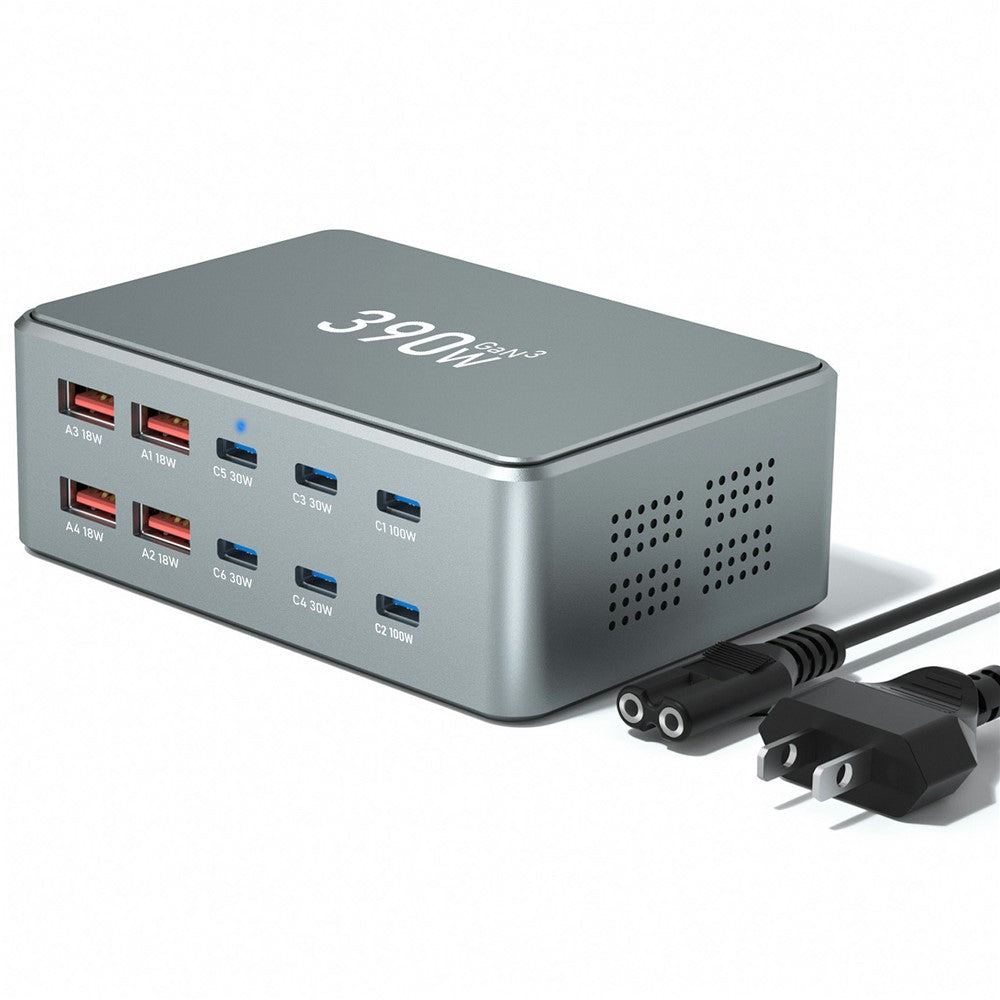 390W GaN Charger Type-C + USB-A 10 Ports Desktop Charging Station for Phone Tablet Laptop