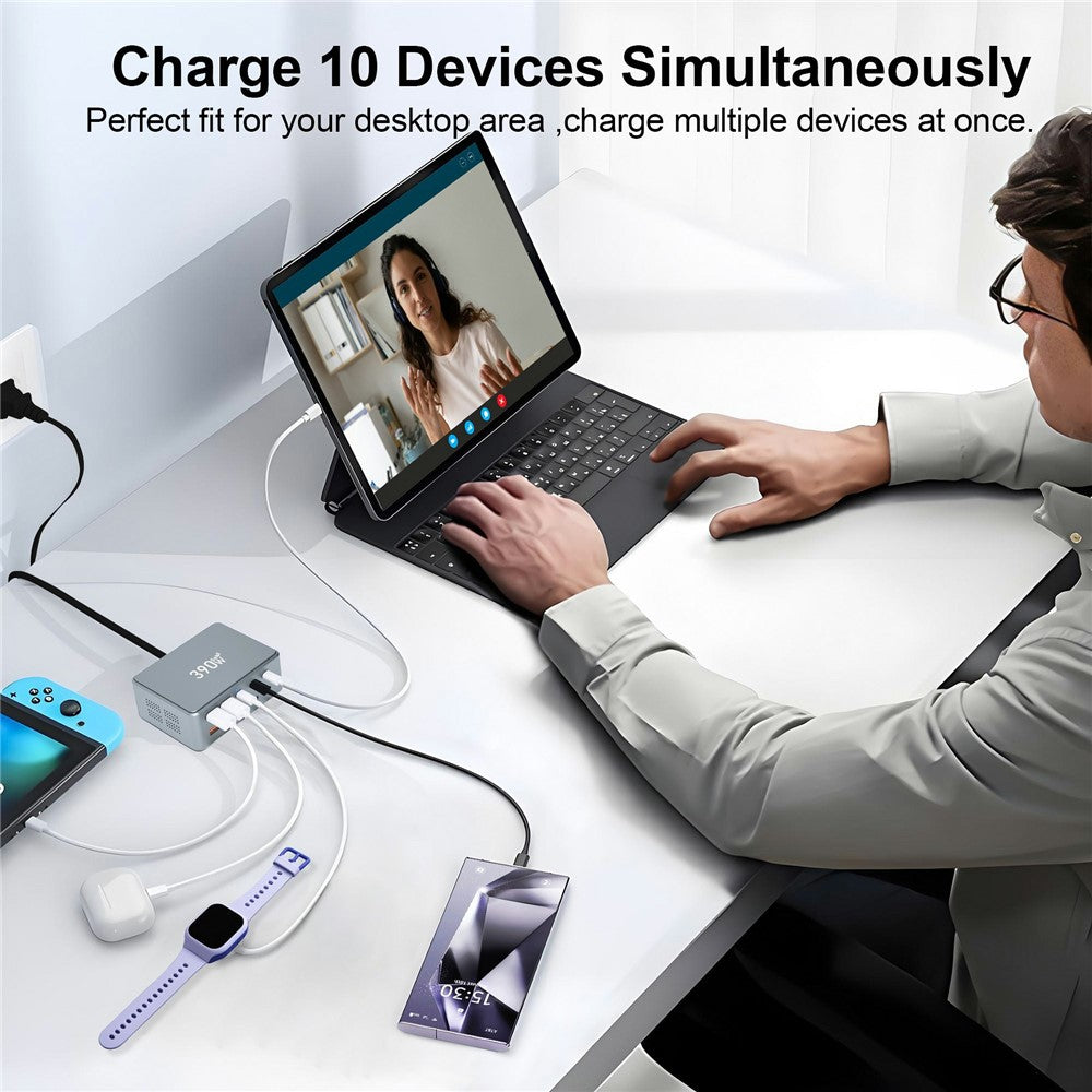 390W GaN Charger Type-C + USB-A 10 Ports Desktop Charging Station for Phone Tablet Laptop