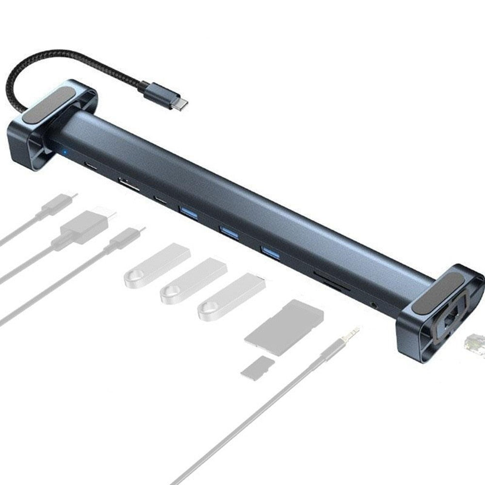 TC212 10 in 1 USB-C HD Docking Station Vertical Hub USB3.0 RJ45 Charging USB Type-C Hub for MacBook Laptop- Grey