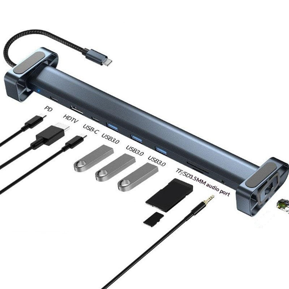 TC212 10 in 1 USB-C HD Docking Station Vertical Hub USB3.0 RJ45 Charging USB Type-C Hub for MacBook Laptop- Grey