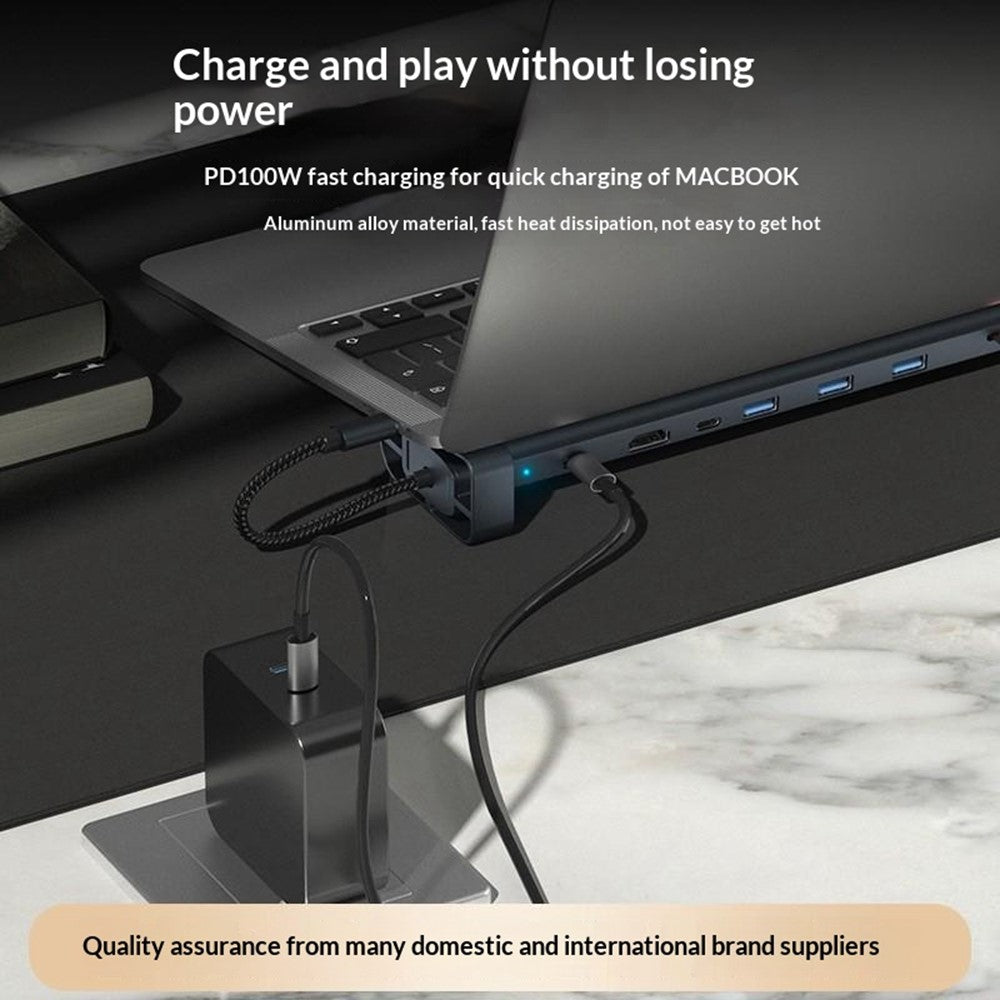 TC212 10 in 1 USB-C HD Docking Station Vertical Hub USB3.0 RJ45 Charging USB Type-C Hub for MacBook Laptop- Grey