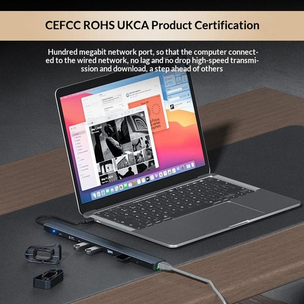 TC212 10 in 1 USB-C HD Docking Station Vertical Hub USB3.0 RJ45 Charging USB Type-C Hub for MacBook Laptop- Grey