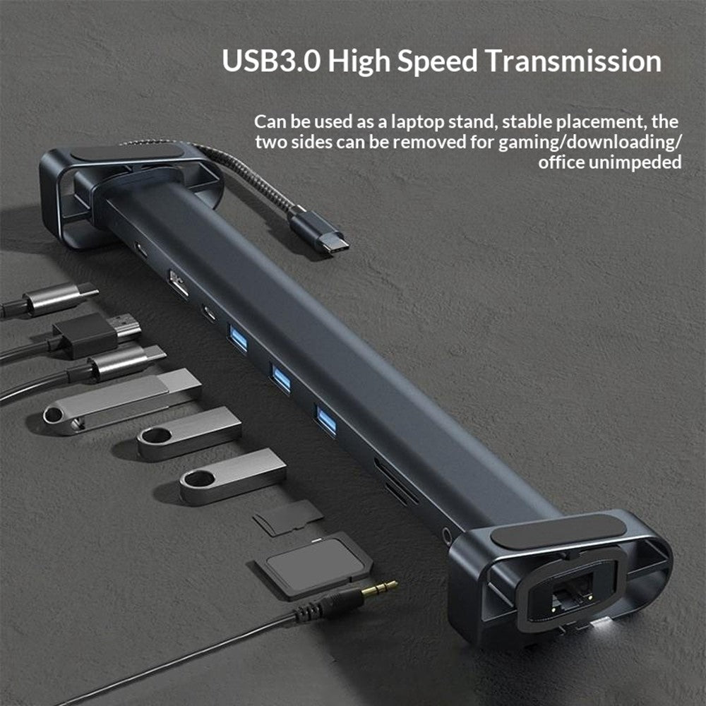 TC212 10 in 1 USB-C HD Docking Station Vertical Hub USB3.0 RJ45 Charging USB Type-C Hub for MacBook Laptop- Grey